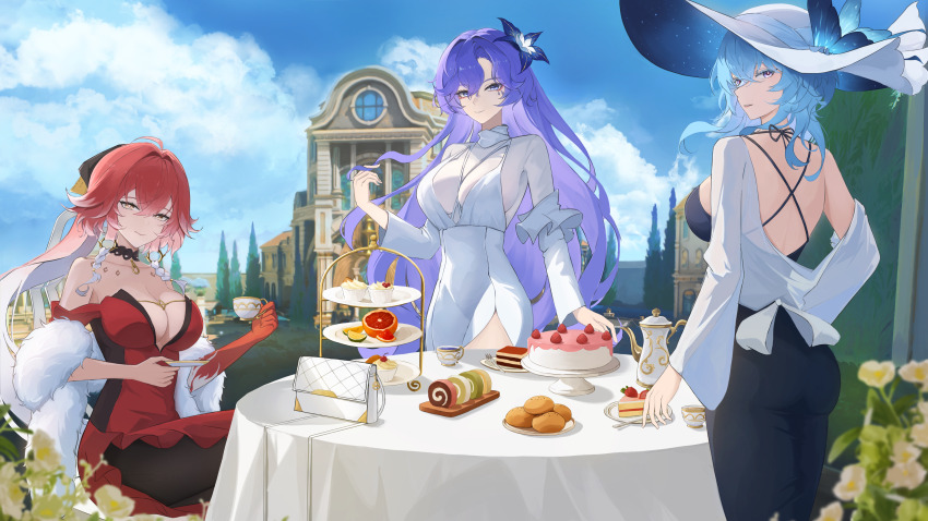 3girls, absurdres, bare_shoulders, black_dress, blue_flower, blue_hair, blue_sky, body_markings, braid, breasts, cake, cake_slice, cantarella_(wuthering_waves), changli_(wuthering_waves), cleavage, closed_mouth, colored_extremities, colored_eyelashes, commentary_request, cookie, day, dress, facial_mark, feather_boa, flower, food, hair_between_eyes, hair_extensions, hair_flower, hair_ornament, hand_up, hat, highres, kai_(zzdv7453), large_breasts, long_hair, looking_at_viewer, mark_under_eye, multicolored_hair, multiple_girls, official_alternate_costume, outdoors, pink_hair, ponytail, purple_eyes, red_dress, red_hands, ring_hair_extensions, shorekeeper_(wuthering_waves), sky, smile, strapless, strapless_dress, twin_braids, two-tone_hair, white_dress, white_hair, white_hat, wuthering_waves, yellow_eyes