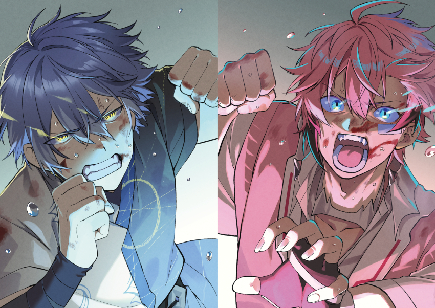 2boys, absurdres, akagi_wen, akagi_wen_(1st_costume), angry, bandaid, bandaid_on_face, black_hair