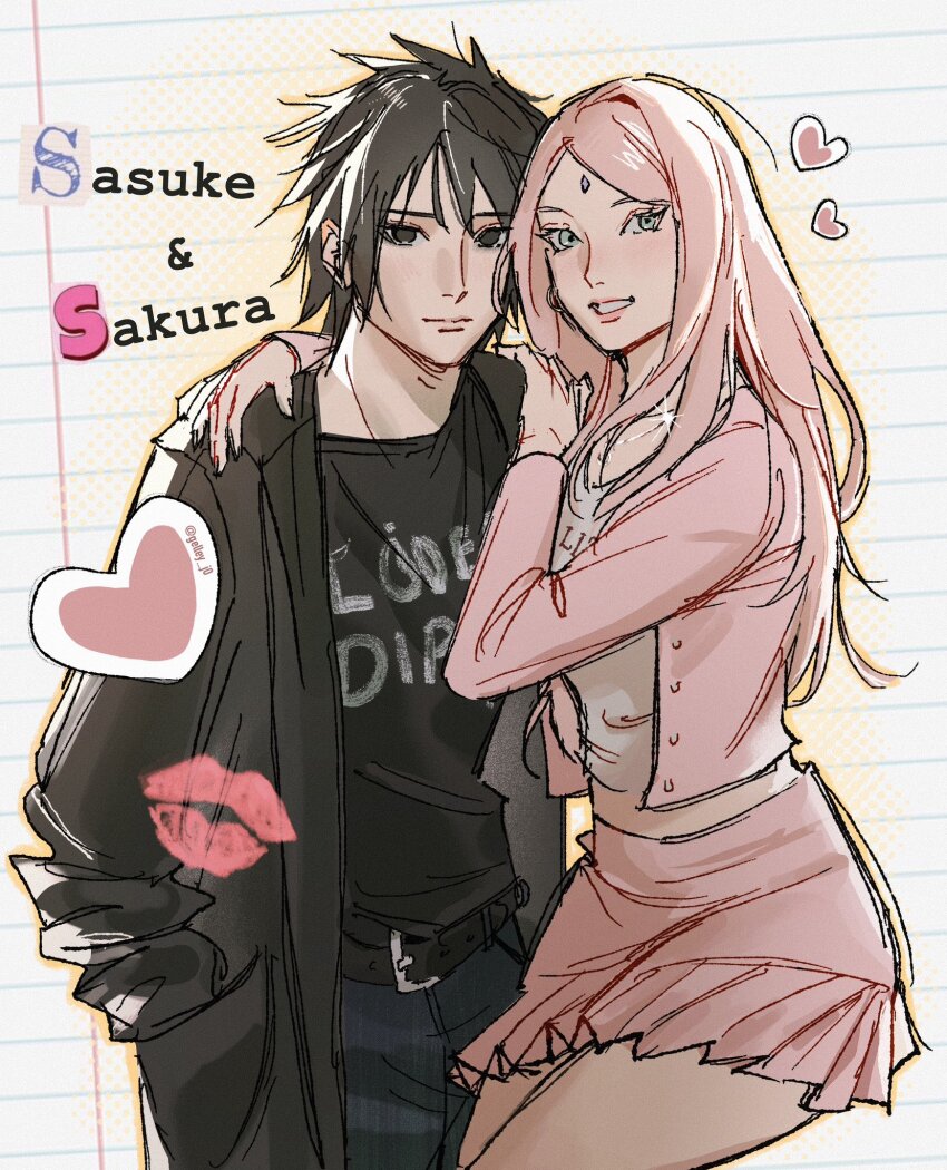 1boy, 1girl, alternate_hair_length, alternate_hairstyle, arm_around_shoulder, black_eyes, black_hair, black_jacket