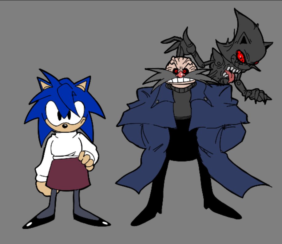 3boys, arcueid_brunestud, arcueid_brunestud_(cosplay), bald, black_coat, black_sclera, black_skin, black_sweater, casinobunbun, coat, colored_sclera, colored_skin, cosplay, crossdressing, crossdressing_(mtf), dr._eggman, facial_hair, furry, furry_male, hand_on_own_hip, hands_in_pockets, male_focus, metal_sonic, multiple_boys, mustache, nrvnqsr_chaos, nrvnqsr_chaos_(cosplay), open_clothes, open_coat, purple_skirt, red_eyes, sharp_teeth, skirt, sonic_(series), sonic_the_hedgehog, sweater, teeth, tongue, tongue_out, tsukihime, turtleneck, turtleneck_sweater, white_sweater