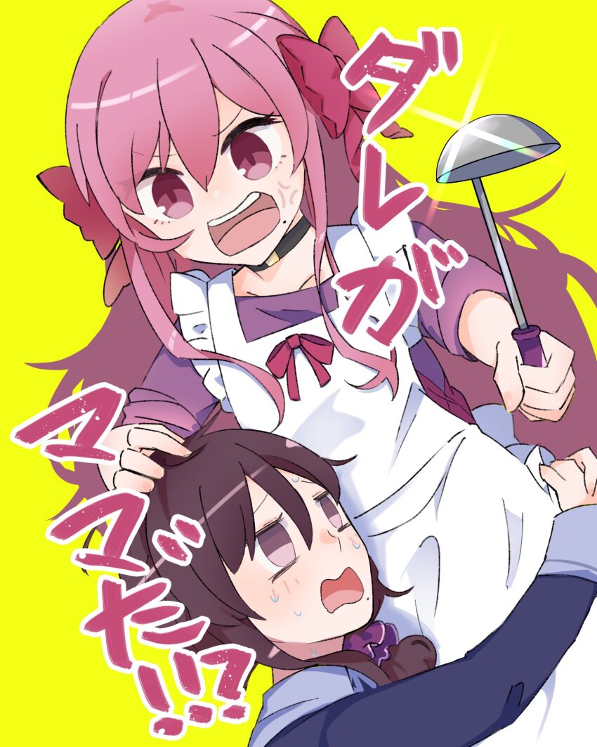 2girls, anger_vein, angry, apron, bow, brown_eyes, commentary_request, dead_apostle_noel_(tsukihime)