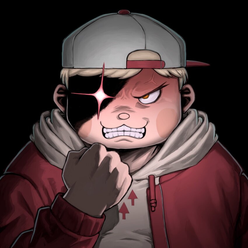 1boy, :3, angry, backwards_hat, batten_xxxx, black_background, blonde_hair, clenched_hand, clenched_teeth, daimon_manami, drawstring, furrowed_brow, hashtag-only_commentary, hat, highres, hood, hoodie, jacket, long_sleeves, looking_at_viewer, male_focus, orange_eyes, partially_shaded_face, realistic_teeth, red_jacket, short_hair, simple_background, solo, teeth, tribe_nine, upper_body, veiny_face, white_hat, white_hoodie