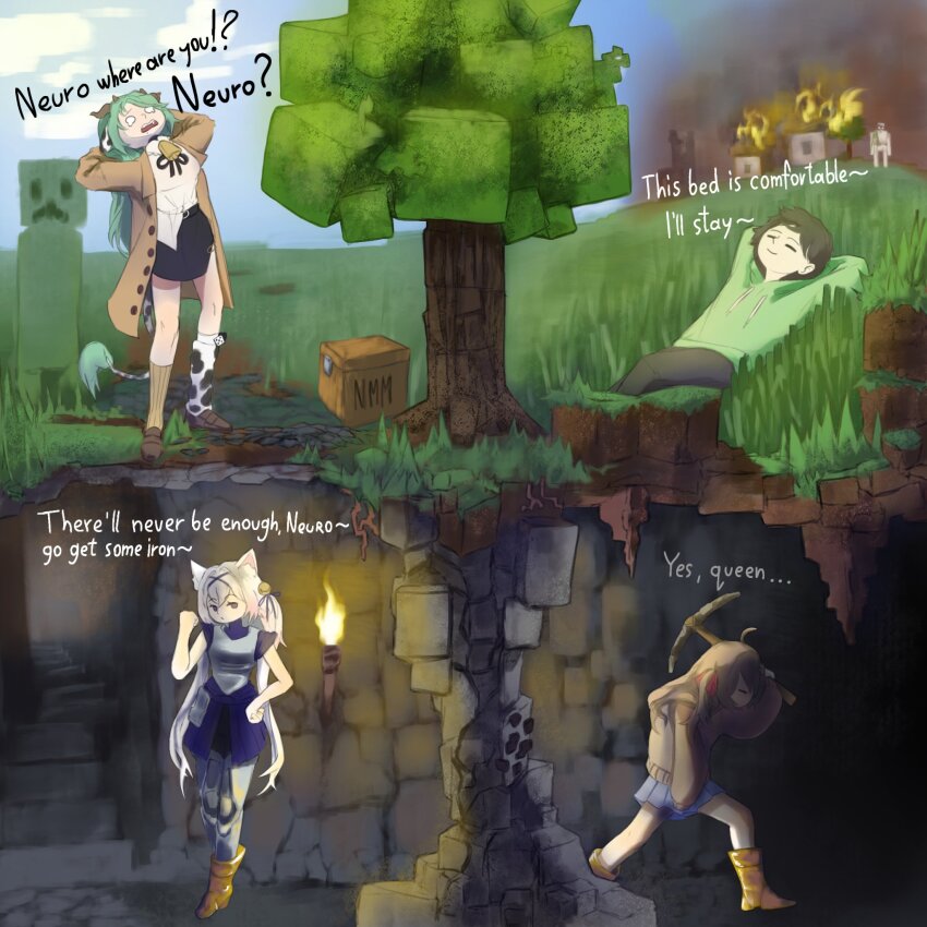 1boy, 3girls, ahoge, animal_ears, armor, arms_behind_head, asymmetrical_legwear, bell, black_hair, black_pants, black_skirt, blank_eyes, blue_shirt, blue_skirt, boots, breastplate, brown_boots, brown_coat, brown_shoes, brown_socks, burning, burning_building, cardigan, cat_ears, cat_girl, clenched_hands, closed_eyes, coat, collared_shirt, commentary, cow_ears, cow_girl, cow_horns, cow_print_socks, cow_tail, creeper, crelly, crying, crying_with_eyes_open, day, drawstring, english_commentary, english_text, filian_(vtuber), fire, grass, green_hair, green_hoodie, hair_bell, hair_between_eyes, hair_ornament, hair_ribbon, hand_on_own_hip, highres, holding, holding_pickaxe, hood, hoodie, horns, hunched_over, leg_armor, loafers, long_hair, lying, minecraft, miniskirt, multiple_girls, neck_bell, neck_ribbon, neuro-sama, nightmaremask07, on_back, on_ground, open_mouth, outdoors, pants, partially_underground_shot, pickaxe, pleated_skirt, raised_eyebrows, ribbon, school_uniform, serafuku, shirt, shoes, skirt, smile, socks, stairs, standing, stone_stairs, stone_wall, tail, tears, teeth, torch, tree, turtleneck, two_side_up, underground, upper_teeth_only, vedal_ai, village, walking, white_hair, white_shirt, x_hair_ornament, yellow_cardigan