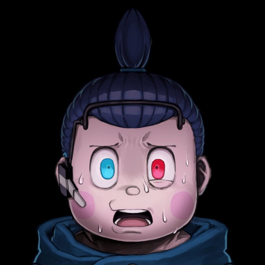 1boy, akiba_saizo, batten_xxxx, black_background, blue_eyes, blue_jacket, cellphone, hashtag-only_commentary