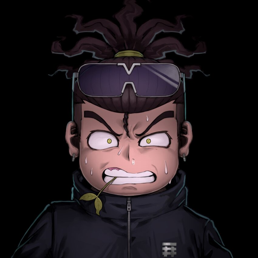 1boy, angry, batten_xxxx, black_background, black_jacket, clenched_teeth, dreadlocks, earrings