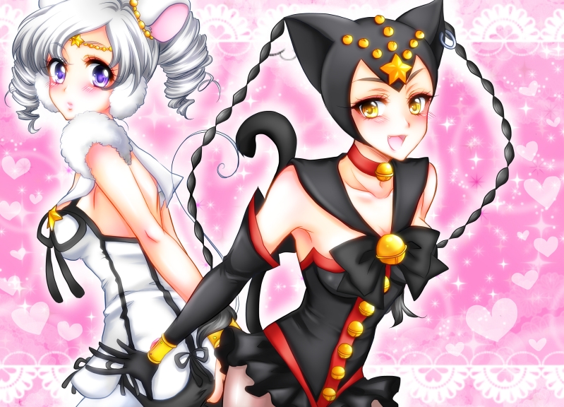 1990s_(style), 2girls, animal_ears, bell, bishoujo_senshi_sailor_moon, bishoujo_senshi_sailor_moon_sailor_stars, bishoujo_senshi_sailor_moon_stars, black_gloves