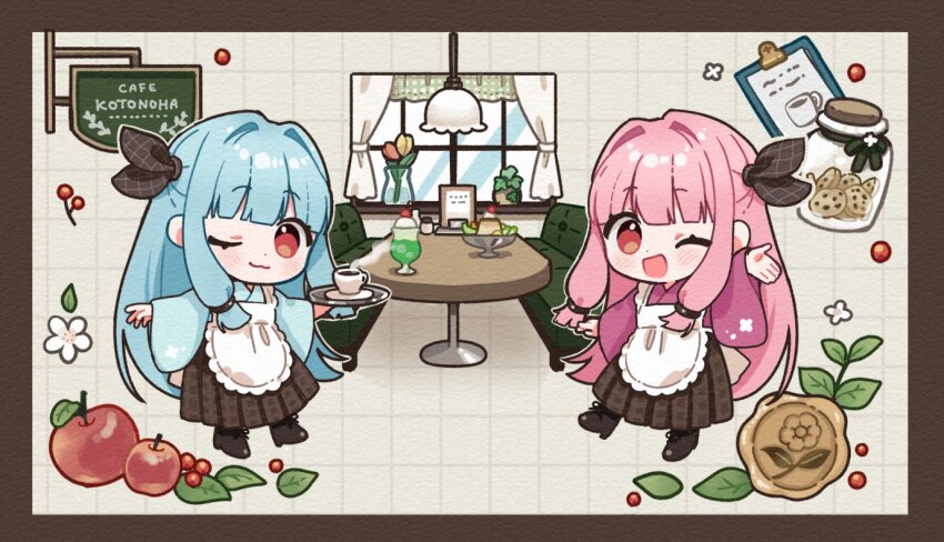 2girls, ;3, ;d, apple, apron, binchou_maguro, black_boots, black_ribbon