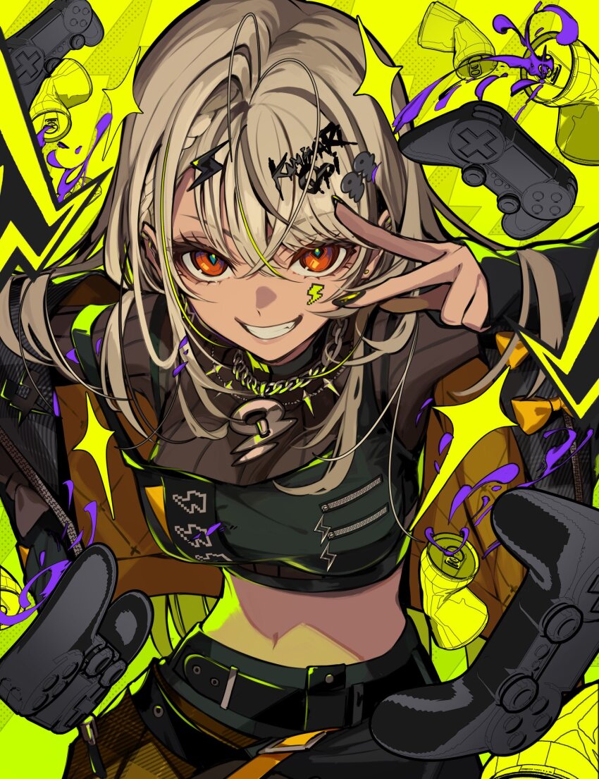 1girl, belt, black_belt, black_jacket, black_nails, black_shirt, blonde_hair, breasts