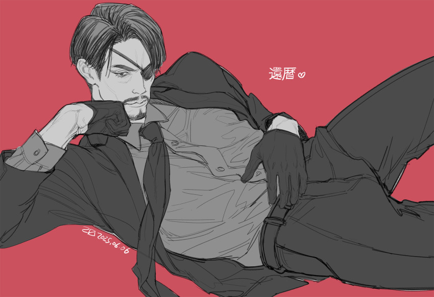 1boy, beard, cheekbones, commentary_request, eyepatch, facial_hair, formal_clothes, gloves