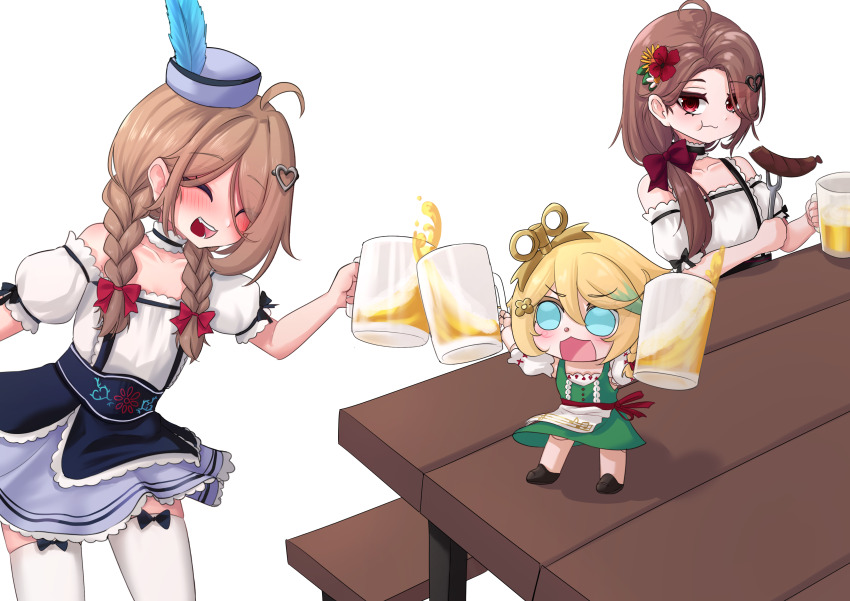 3girls, :3, absurdres, ahoge, alcohol, alternate_costume, alternate_hairstyle, aqua_eyes