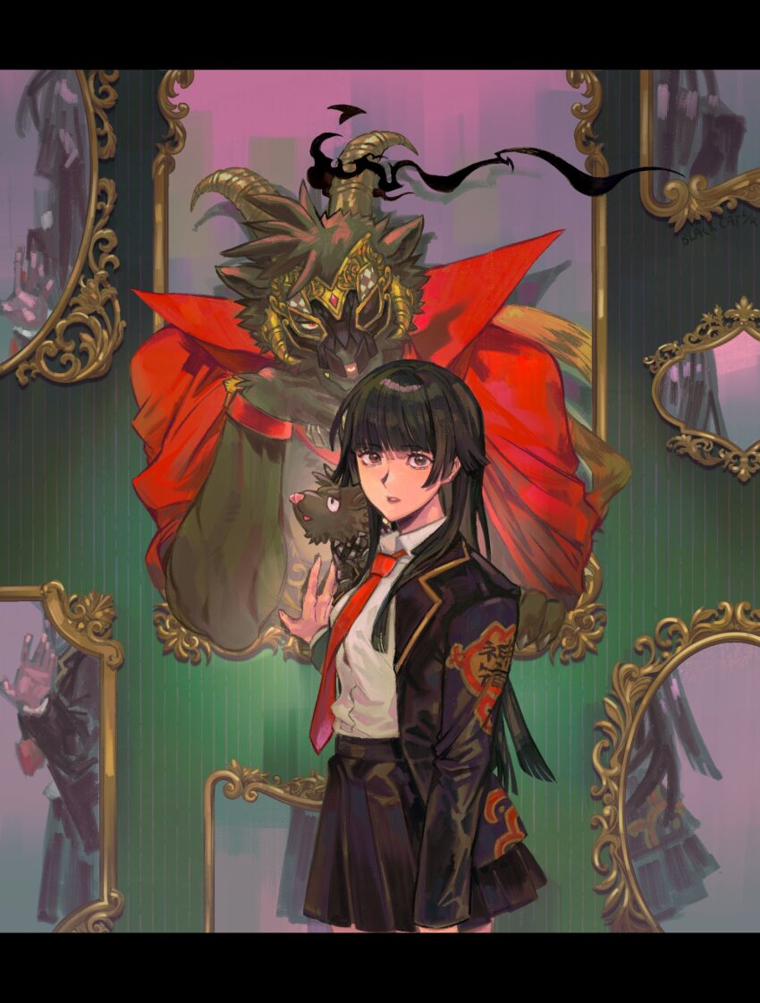 1girl, 2boys, black_hair, black_jacket, black_skirt, blackcatlandr, cape, collared_shirt