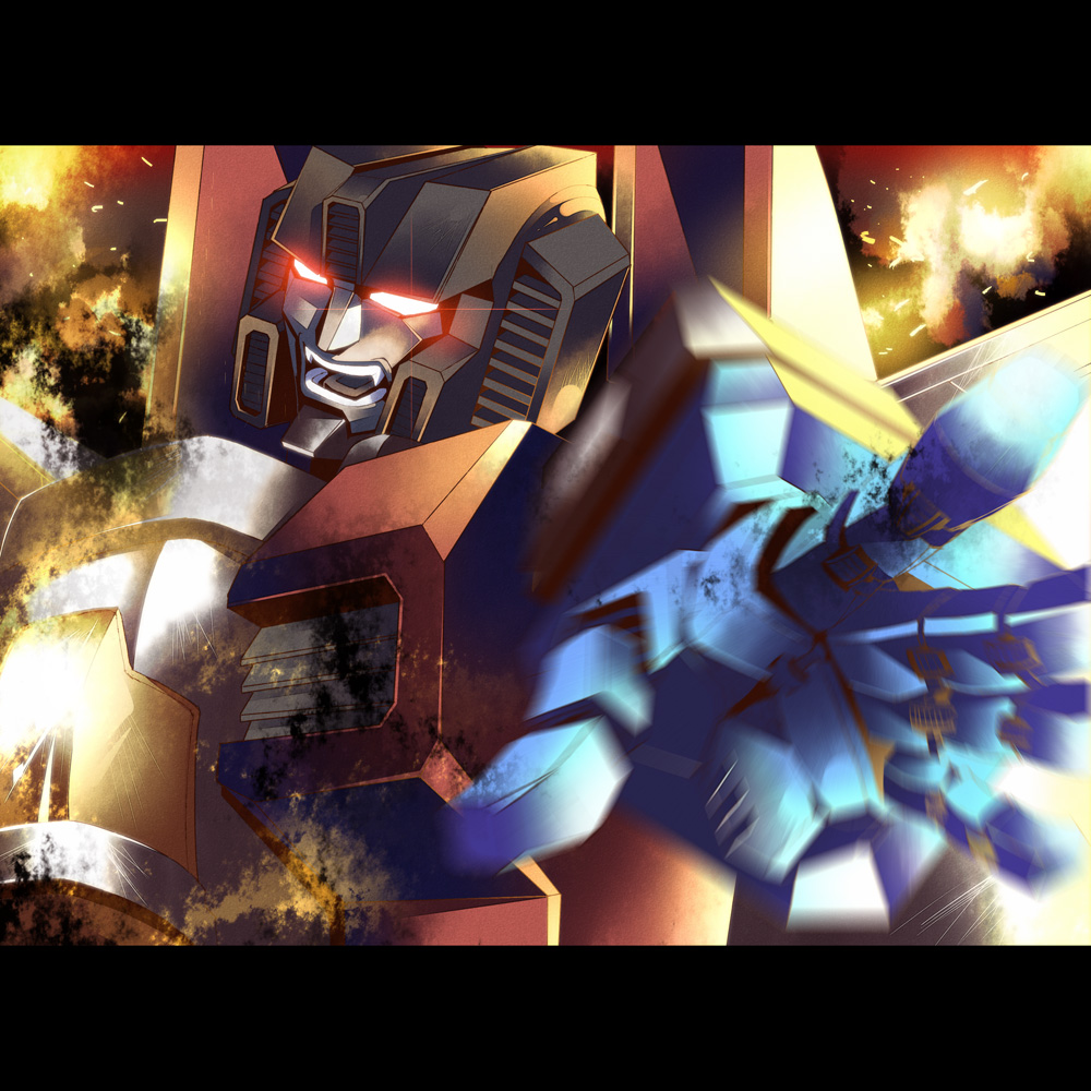 1980s_(style), bad_id, bad_pixiv_id, decepticon, fangs, fire, glowing, glowing_eyes, letterboxed, mecha, no_humans, oldschool, retro_artstyle, robot, science_fiction, shouting, solo, starscream, transformers, transformers:_generation_1, yfm_(mrk)