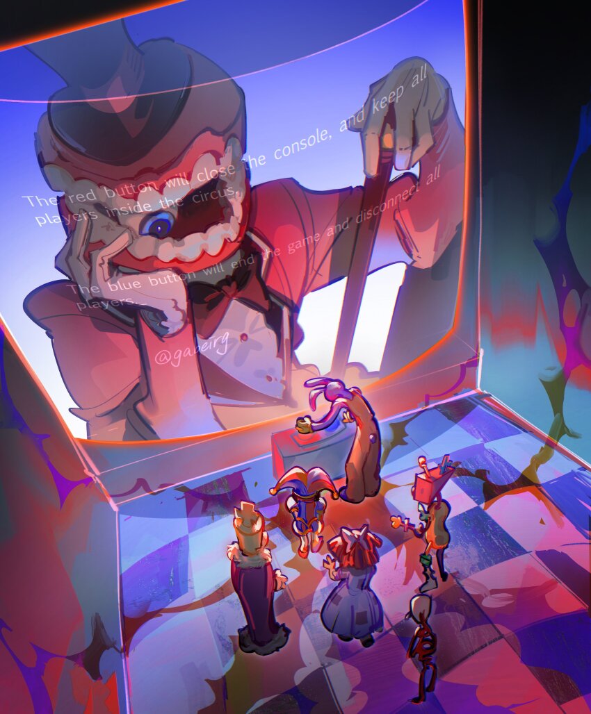 1other, 3boys, 3girls, absurdres, animal_ears, asymmetrical_footwear, black_hat, blue_dress, blue_shoes, bow, bowtie, caine_(the_amazing_digital_circus), cane, chess_piece, commentary, dress, english_commentary, english_text, fur-trimmed_robe, fur_trim, gabe_(gabeirg), gangle_(the_amazing_digital_circus), gloves, hair_bow, hand_on_own_chin, hat, highres, holding, holding_cane, horns, jacket, jax_(the_amazing_digital_circus), jester_cap, jester_costume, king_(chess), kinger_(the_amazing_digital_circus), multiple_boys, multiple_girls, overalls, patchwork_clothes, pomni_(the_amazing_digital_circus), purple_bow, purple_fur, purple_robe, rabbit_boy, rabbit_ears, rabbit_tail, ragatha_(the_amazing_digital_circus), red_bow, red_bowtie, red_hair, red_jacket, red_ribbon, red_shoes, ribbon, robe, shirt, shoes, spoilers, stuffed_toy, suit_jacket, tail, teeth, the_amazing_digital_circus, top_hat, white_gloves, white_mask, white_shirt, yellow_overalls, zooble_(the_amazing_digital_circus)