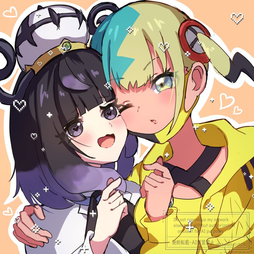 2girls, :d, ;o, absurdres, aqua_hair, arm_around_shoulder, bandeau, black_dress, black_hair, blonde_hair, blue_eyes, blunt_bangs, blush, bob_cut, canari_(pokemon), cheek-to-cheek, coat, commentary_request, dark-skinned_female, dark_skin, dress, eyelashes, gwynn_(pokemon), hat, heads_together, heart, heart-shaped_pupils, highres, jacket, long_sleeves, looking_at_another, mega_stone, multicolored_hair, multiple_girls, nintendo, one_eye_closed, open_clothes, open_coat, open_jacket, open_mouth, pokemon, pokemon_legends:_z-a, purple_eyes, purple_hair, short_hair, smile, split-color_hair, symbol-shaped_pupils, thealla1024, upper_body, white_coat, yellow_bandeau, yellow_jacket, yuri