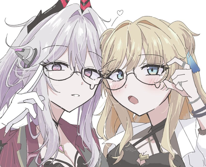 2girls, 88_9, bangle, blonde_hair, blush, bracelet, breasts, choker