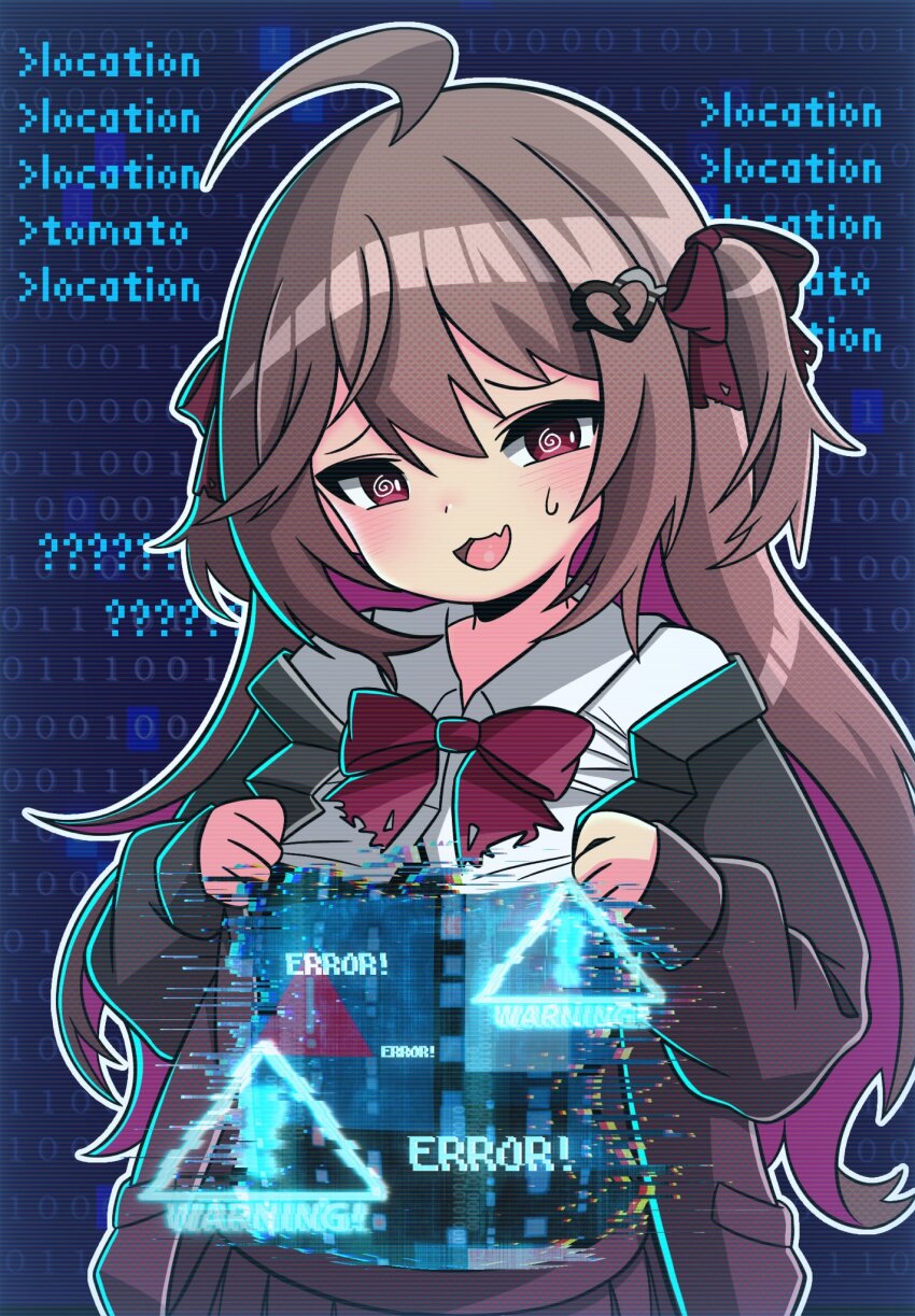 :d, @_@, ahoge, ahoge-tan, binary, black_cardigan, black_skirt, blue_background