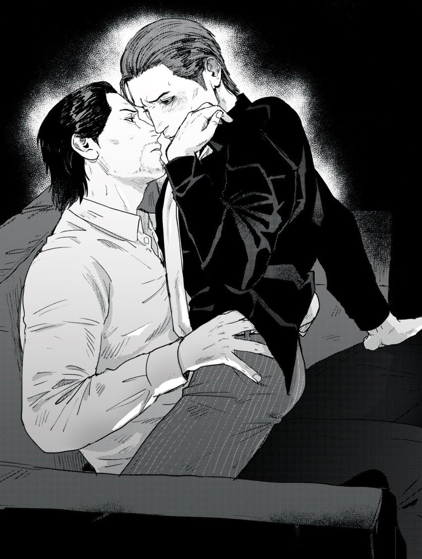 2boys, ahoge, blush, commentary_request, couch, dojima_daigo, dress_shirt, hair_slicked_back