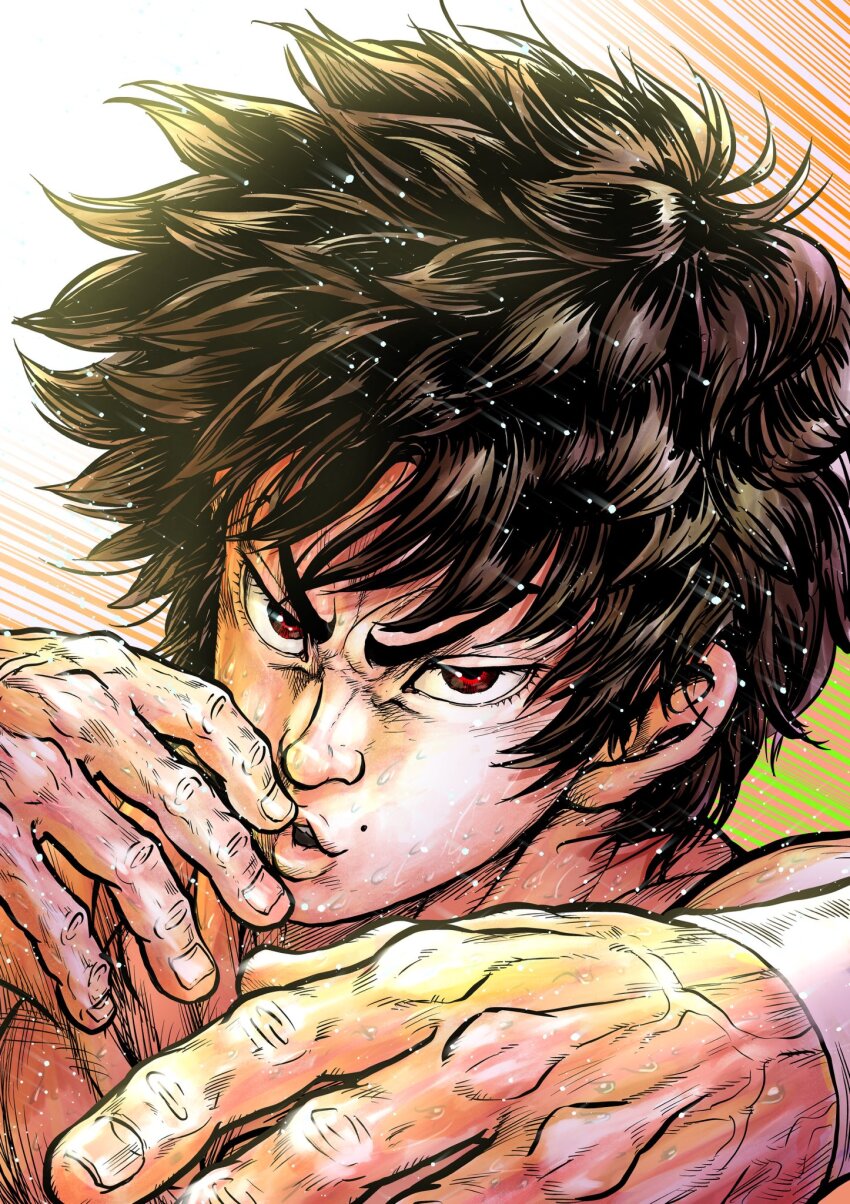 1boy, brown_hair, close-up, commentary_request, grappler_baki, hanma_baki, highres, itagaki_masaya