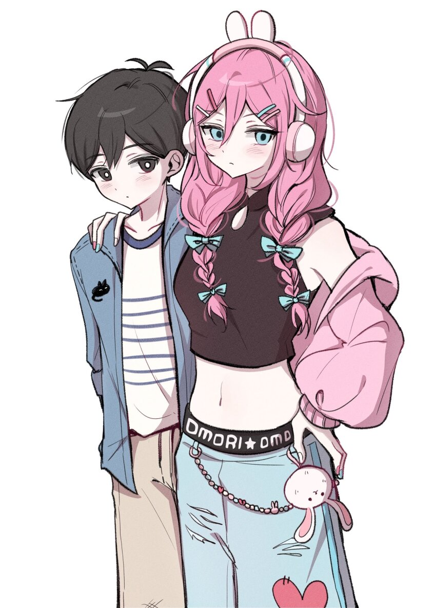 1boy, 1girl, animal_ear_headphones, animal_ears, antenna_hair, aubrey_(birthday)_(omori), aubrey_(faraway)_(omori), aubrey_(omori)