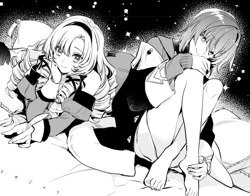 2girls, ange_katrina, ange_katrina_(1st_costume), bare_shoulders, barefoot, cardigan, closed_mouth, coat, commentary_request, crossed_legs, dress, drill_hair, elbow_rest, greyscale, hairband, hand_on_own_chin, hand_on_own_foot, hand_on_own_knee, hand_up, head_rest, hyakumantenbara_salome, hyakumantenbara_salome_(1st_costume), index_finger_raised, juliet_sleeves, knees_up, long_bangs, long_hair, long_sleeves, looking_at_viewer, lying, medium_hair, monochrome, multiple_girls, nijisanji, off-shoulder_dress, off_shoulder, on_stomach, pillow, puffy_sleeves, screentones, single_off_shoulder, sitting, sleeve_cuffs, sleeves_past_wrists, smile, star_(sky), translation_request, tsukasa_satsuki, virtual_youtuber