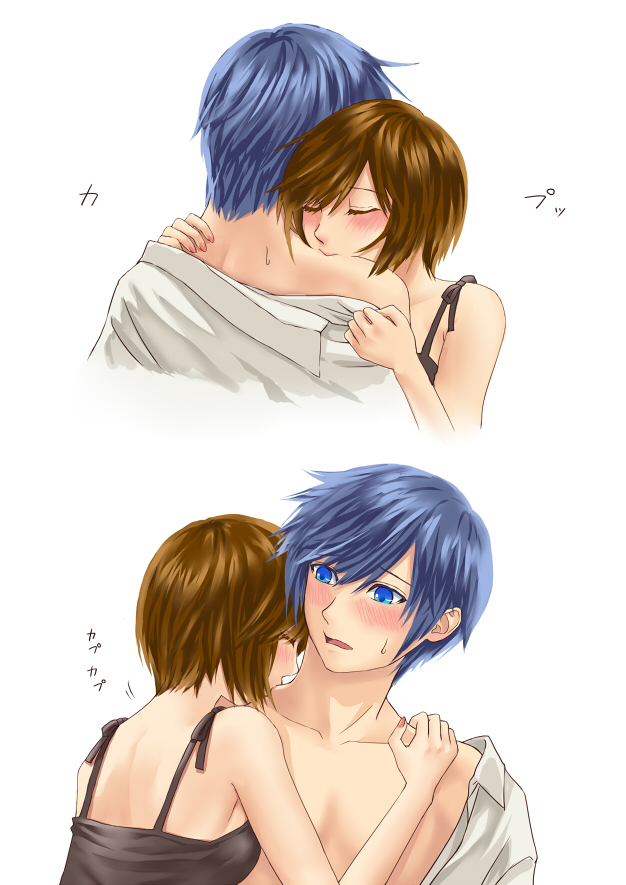 1boy, 1girl, biting, blue_eyes, blue_hair, blush, brown_hair, closed_eyes