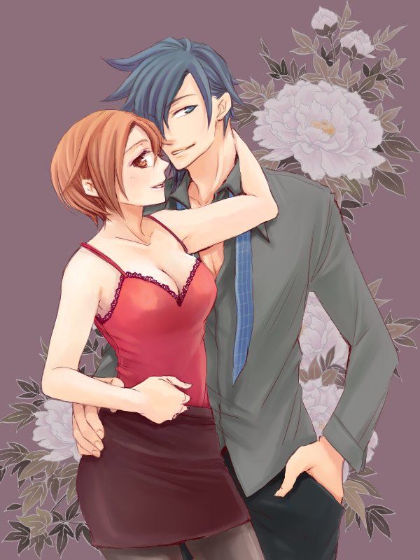 1boy, 1girl, bare_shoulders, blue_eyes, blue_hair, breasts, brown_eyes, brown_hair