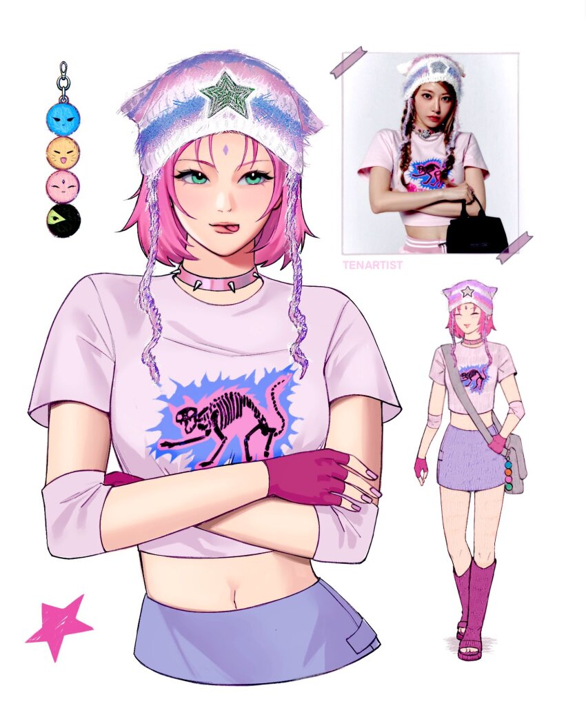 1girl, :p, animal_print, artist_name, bag, bag_charm, beanie, blue_hat, bob_cut, boots, cargo_skirt, cat_print, character_charm, charm_(object), choker, closed_eyes, closed_mouth, commentary, cosplay, crazy_(le_sserafim), cropped_shirt, cropped_torso, crossed_arms, drawn_star, earflap_beanie, elbow_sleeve, english_commentary, eyelashes, facial_mark, fingerless_gloves, forehead_mark, full_body, gloves, green_eyes, haruno_sakura, hat, hatake_kakashi, highres, k-pop, knee_boots, knit_hat, le_sserafim, looking_ahead, midriff, miyawaki_sakura, miyawaki_sakura_(cosplay), multicolored_hat, multiple_views, name_connection, naruto_(series), naruto_shippuuden, navel, photo_(object), photo_inset, pink_boots, pink_choker, pink_gloves, pink_hair, pink_sleeves, purple_hat, purple_skirt, real_life, reference_photo, short_hair, shoulder_bag, skeleton_print, skirt, spiked_choker, spikes, star_(symbol), star_print, tenartistt, tongue, tongue_out, uchiha_sasuke, uzumaki_naruto, vertical-striped_hat, walking, white_background, white_hat, y2k_fashion
