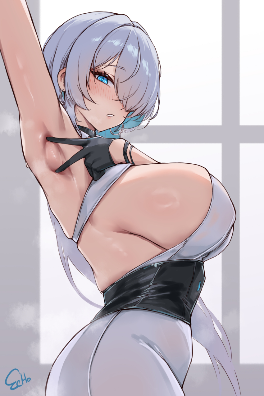1girl, absurdres, armpits, artist_name, black_gloves, blue_eyes, breasts, brid_(nikke), brid_(silent_track)_(nikke), e.c.ho, earrings, from_side, gloves, goddess_of_victory:_nikke, highres, huge_breasts, jewelry, looking_at_viewer, official_alternate_costume, pants, shirt, short_hair, sideboob, solo, spread_armpit, white_hair, white_pants, white_shirt