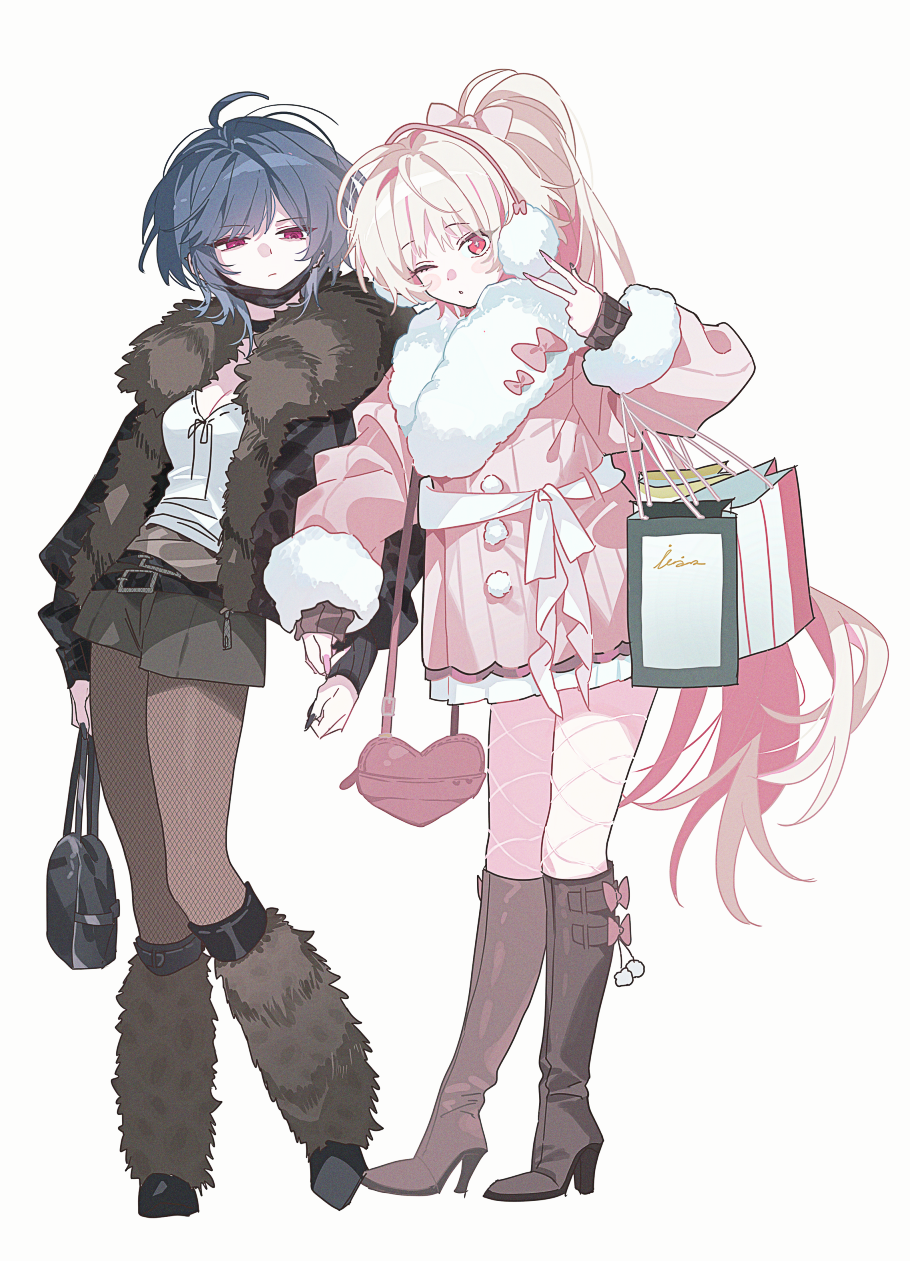 2girls, ;o, ahoge, bag, belt, black_boots, black_choker, black_jacket