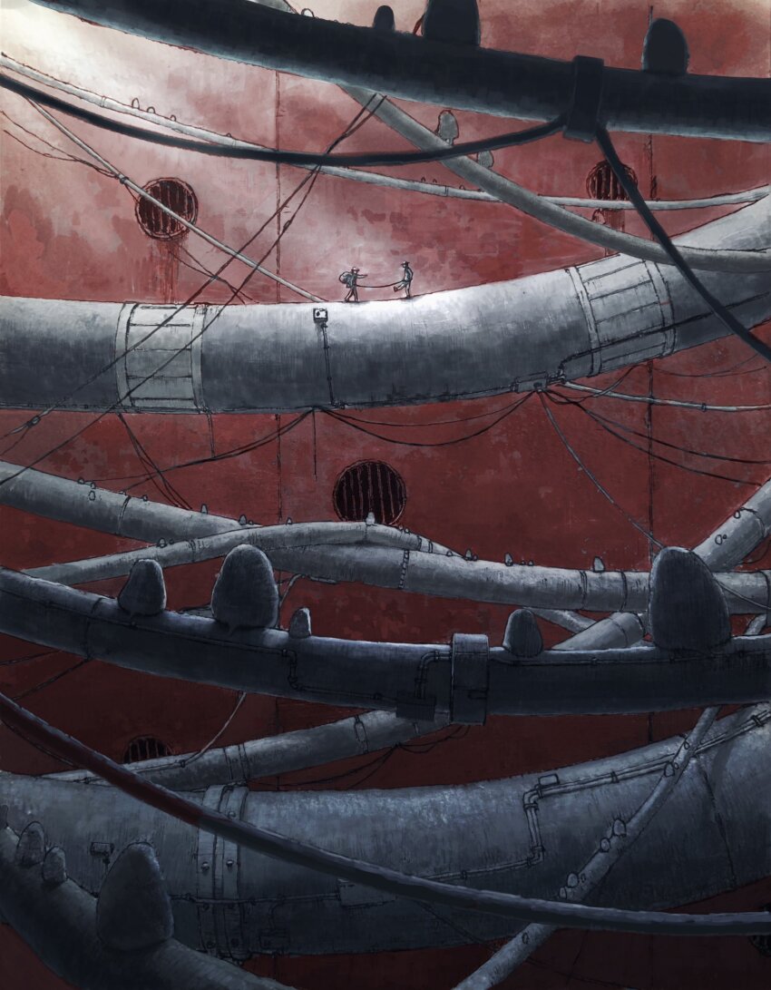 2boys, backpack, bag, cable, commentary_request, drain_(object), hat, highres