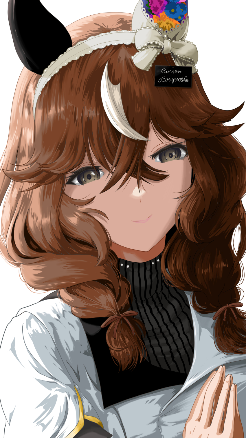 1girl, absurdres, animal_ears, black_sweater, braid, braided_sidelocks, brown_hair, by_tsume
