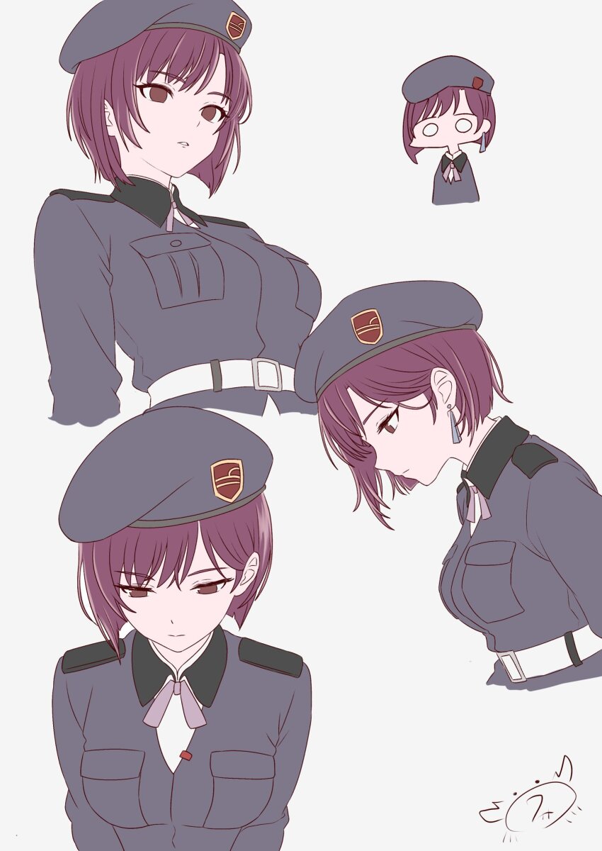 1girl, artist_logo, belt, beret, blue_jacket, breast_pocket, breasts, brown_eyes