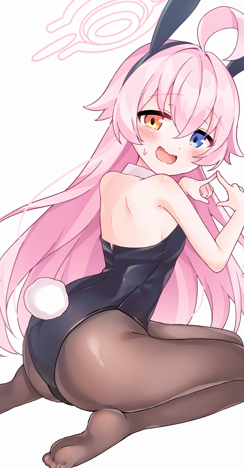 1girl, absurdres, ahoge, animal_ear_hairband, animal_ears, ass, black_hairband, black_leotard, black_pantyhose, blue_archive, blue_eyes, blush, breasts, collar, detached_collar, fake_animal_ears, fake_tail, fang, hair_between_eyes, hairband, halo, heterochromia, highres, hoshino_(blue_archive), huge_ahoge, leotard, loli, long_hair, looking_at_viewer, mimikkyu_(mimikyunosub), no_shoes, pantyhose, pink_halo, playboy_bunny, rabbit_ear_hairband, rabbit_ears, rabbit_tail, sideboob, simple_background, smile, soles, solo, tail, thighs, tongue, very_long_hair, white_background, white_collar, yellow_eyes