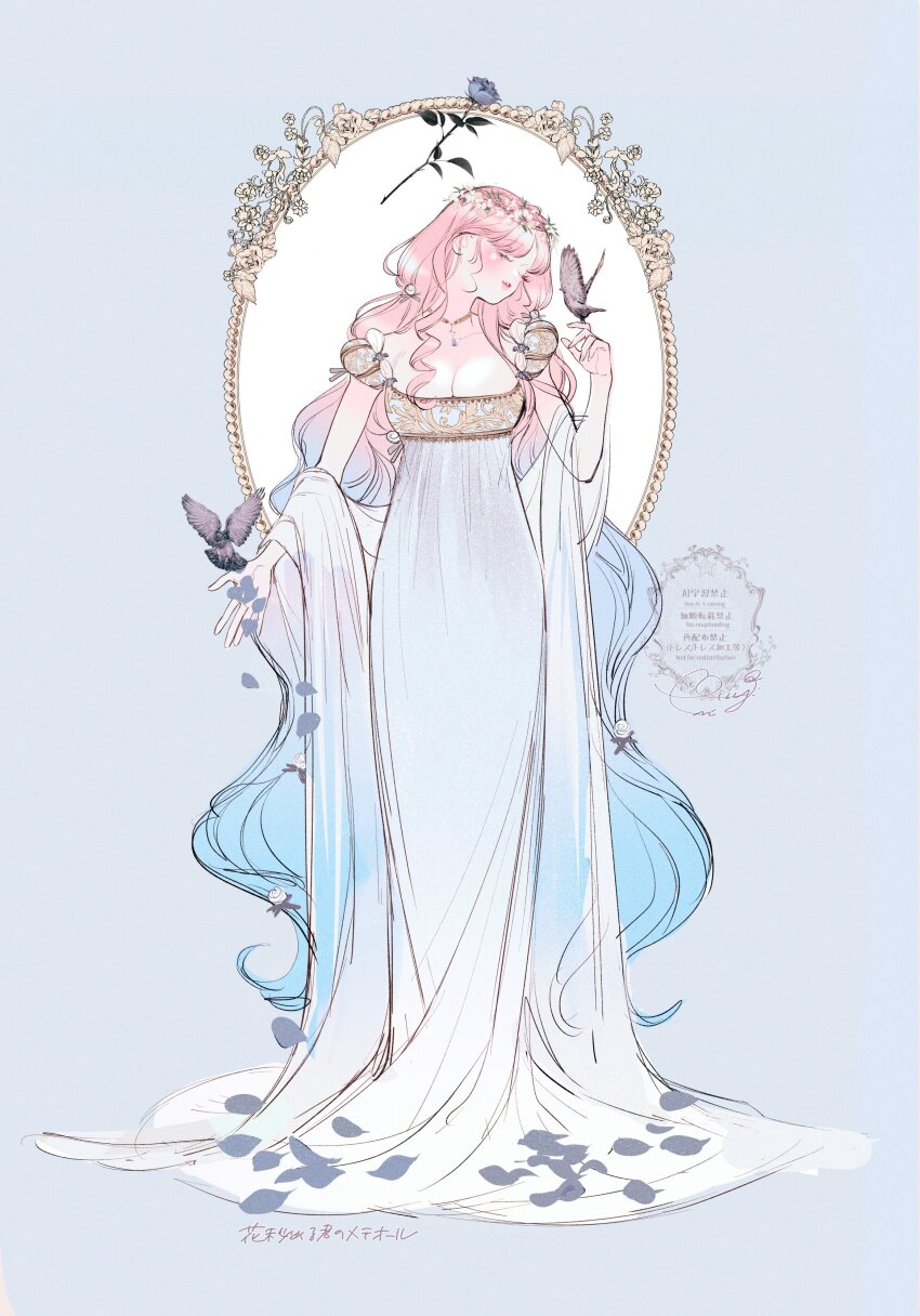 1girl, absurdres, animal, b_etty01tm, bird, blue_background, blue_dress, blue_flower