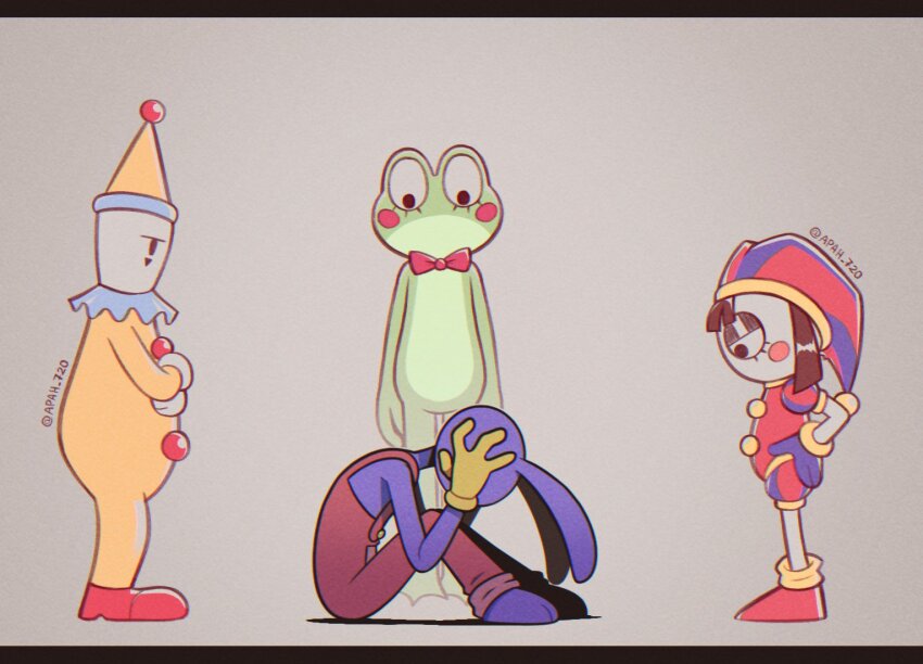 2boys, 2girls, apah_720, blue_gloves, blush_stickers, bow, clown, crossed_arms