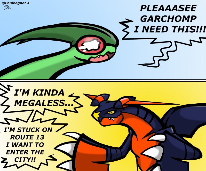 artist_name, black_sclera, blue_skin, claws, colored_sclera, colored_skin, commentary, dragon, english_commentary, english_text, fangs, fins, flygon, frustrated, garchomp, gen_3_pokemon, gen_4_pokemon, green_skin, green_wings, highres, horns, ishowspeed_trying_not_to_laugh_(meme), looking_at_another, mega_garchomp_z, mega_pokemon, meme, multicolored_skin, nintendo, orange_skin, paulbagnot, pokemon, pokemon_(creature), pokemon_focus, red_eyes, sad, shark_fin, sharp_teeth, teeth, twitter_username, two-tone_skin, wavy_mouth, wings, yellow_eyes