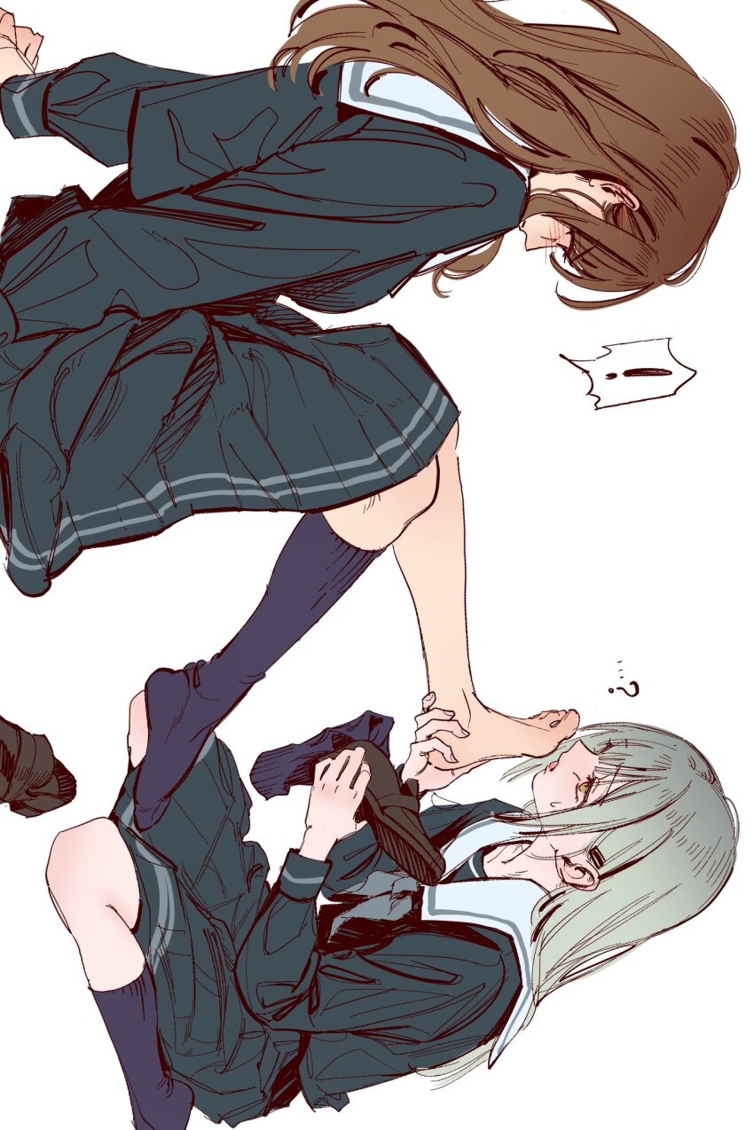 12thfog, 2girls, bang_dream!, bang_dream!_it's_mygo!!!!!, barefoot, blue_skirt, blue_socks, brown_hair