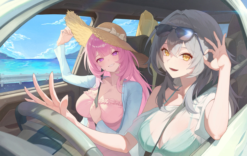 2girls, absurdres, alternate_breast_size_(larger), alternate_costume, aqua_bikini, arm_up, bikini, bikini_visible_through_clothes