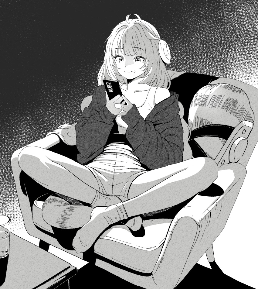1girl, ahoge, casual, cellphone, collarbone, couch, drink, greyscale
