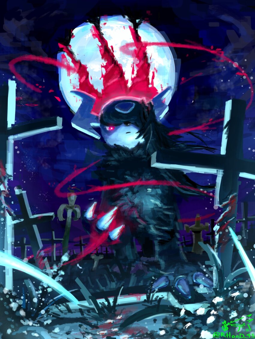 absol, animal_focus, asymmetrical_horns, black_fur, black_hair, body_fur, claws, commentary_request