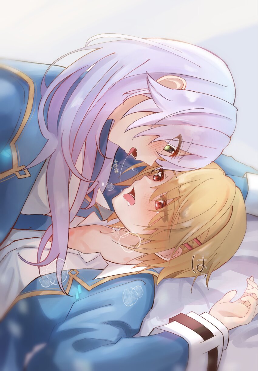 2girls, after_kiss, aoi11_luyu, blonde_hair, blue_jacket, commentary_request, green_eyes, heaven_burns_red, highres, izumi_yuki, jacket, kayamori_ruka, long_hair, multiple_girls, open_mouth, purple_hair, red_eyes, saliva, saliva_trail, school_uniform, shirt, short_hair, tongue, tongue_out, white_shirt, yuri