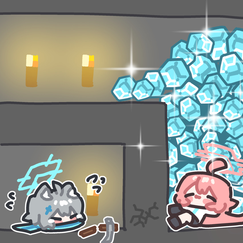 !, 2girls, ahoge, animal_ear_fluff, animal_ears, block_(minecraft), blue_archive, blue_halo