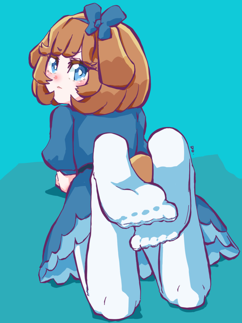 1girl, blue_eyes, brown_hair, delicious_party_precure, dradora, feet, highres, looking_at_viewer