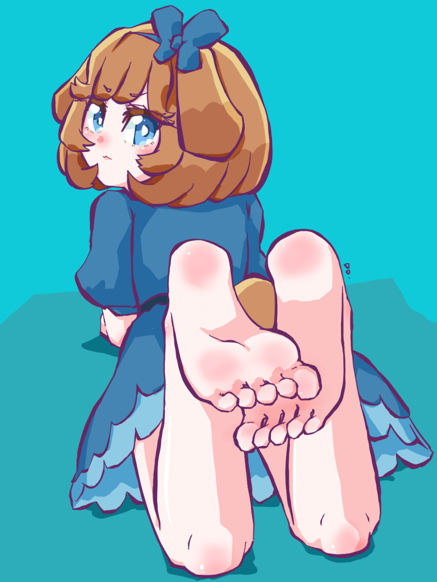 1girl, barefoot, blue_eyes, brown_hair, delicious_party_precure, dradora, feet, highres