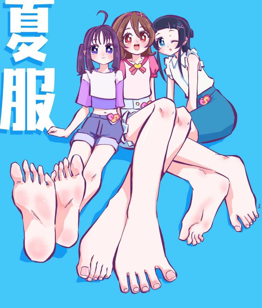 3girls, aokaze_nana, barefoot, black_hair, blue_eyes, brown_hair, dradora, feet, highres, kimi_to_idol_precure, light_blush, long_hair, looking_at_viewer, multiple_girls, one_eye_closed, open_mouth, precure, purple_eyes, purple_hair, red_eyes, sakura_uta_(precure), shigure_kokoro, soles, toes, twintails, wink