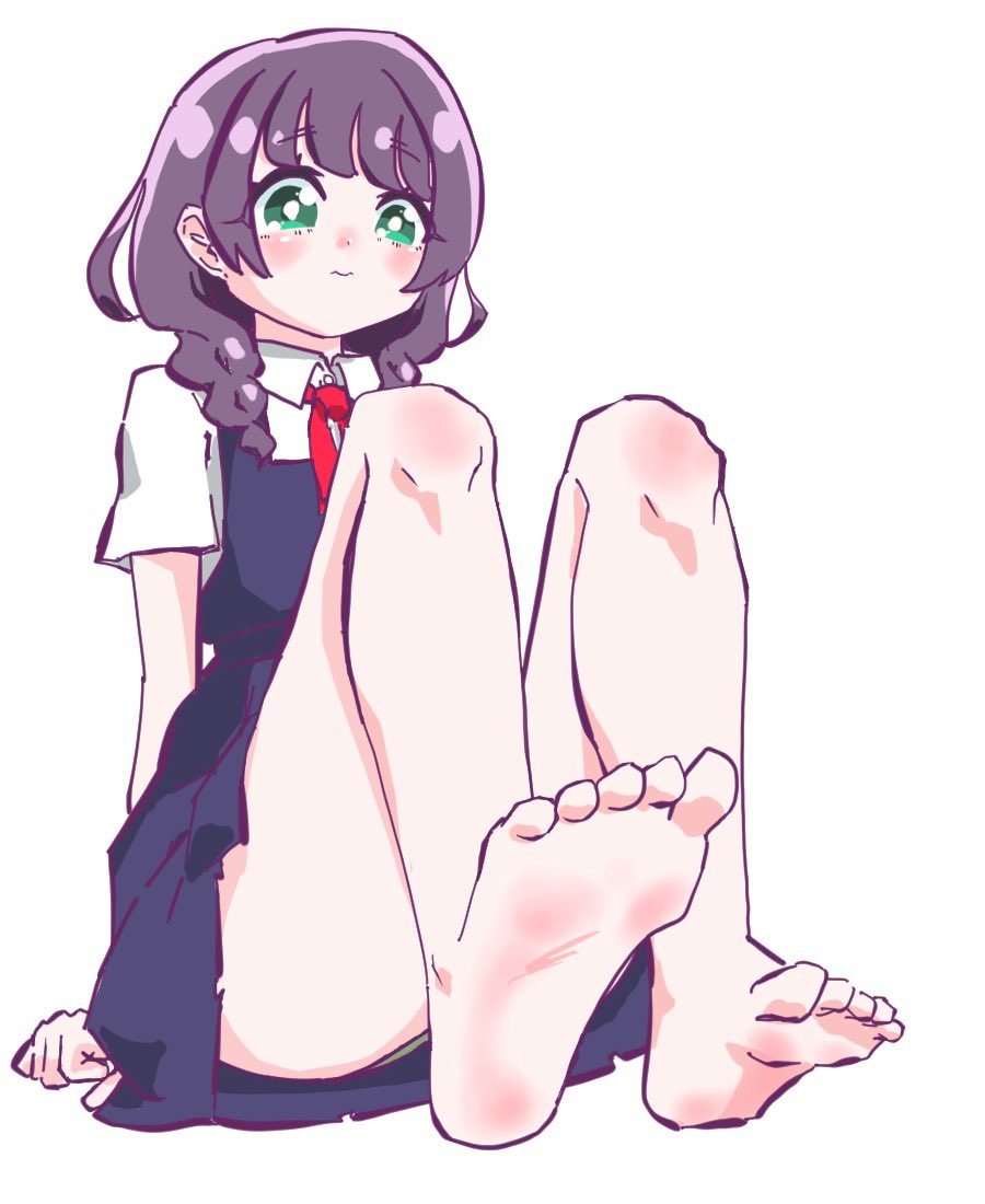 1girl, barefoot, black_hair, dradora, feet, green_eyes, light_blush, long_hair