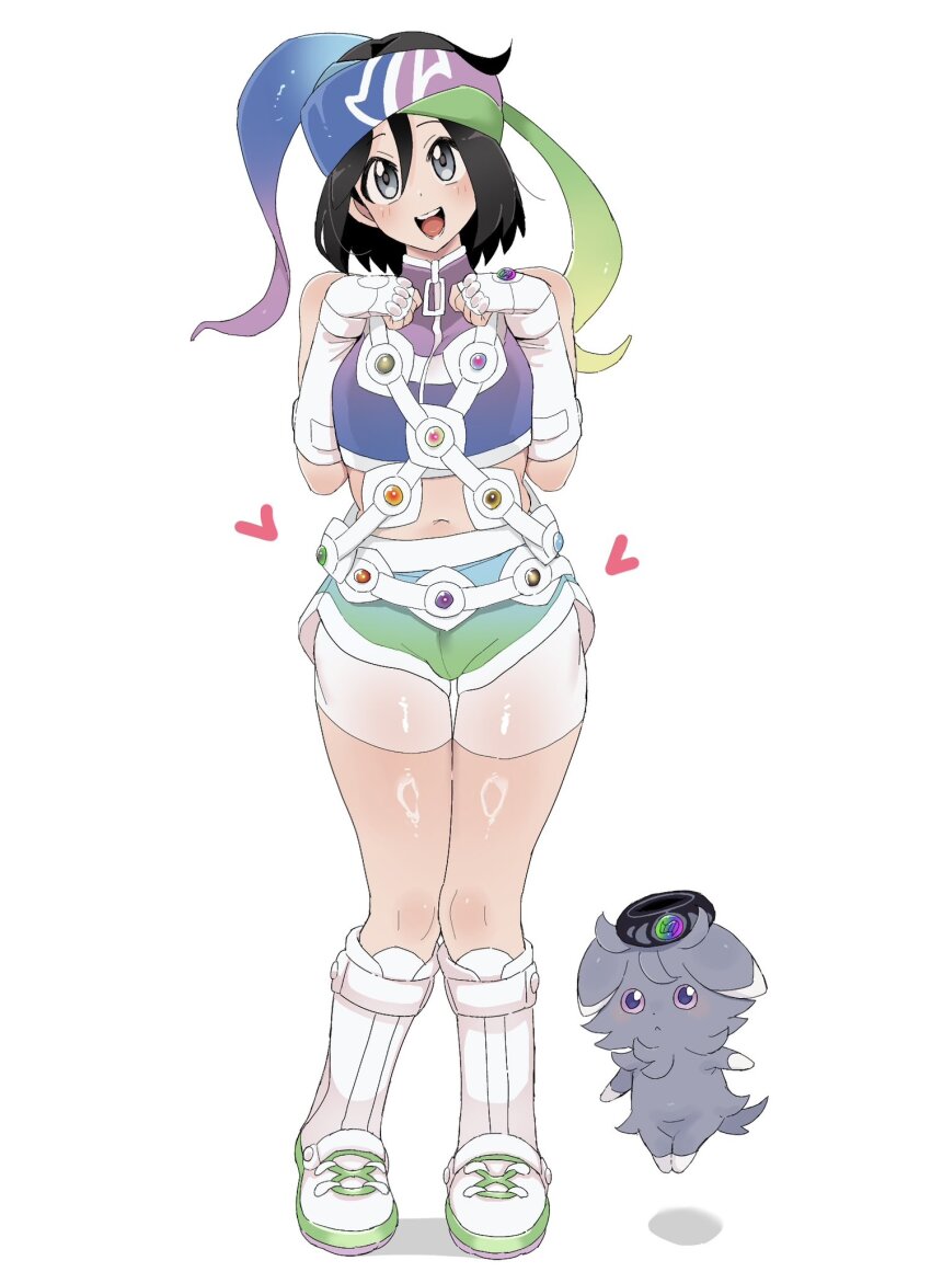 1boy, :d, boots, calem_(pokemon), commentary_request, cosplay, crop_top, espurr