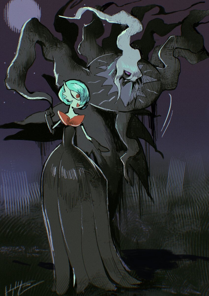 alternate_color, armor, breastplate, collar, colored_sclera, dark_background, darkrai, dress, floating_hair, full_moon, gardevoir, gen_3_pokemon, gloves, highres, mega_darkrai, mega_gardevoir, mega_pokemon, monster, moon, nintendo, pokemon, pokemon_(creature), pokemon_legends:_z-a, purple_sclera, shadowy_figure, shiny_pokemon, short_hair, smoke, source_request, tentacles, veins, wisp
