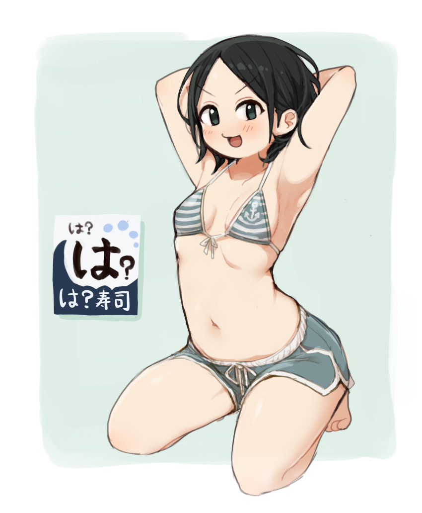1girl, :d, absurdres, arms_up, barefoot, bikini, black_hair, blush