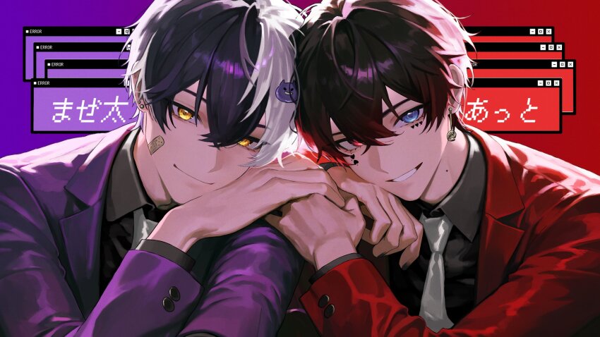 2boys, amptakxcolors, atto_(amptakxcolors), bandaid, bandaid_on_cheek, bandaid_on_face, black_hair, black_shirt